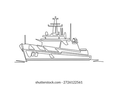 Durchgehende Linie mit schnellem Küstenpatrouillenboot. Erhöhte Brücke und Antenne für maritime Sicherheit, Überwachung und Marineschutzüberwachung. Vektorgrafik mit einfarbiger Zeichnung
