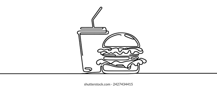 Continuous one line drawing fastfood: hamburger and a glass of soda