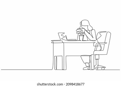 Continuous one line drawing fat obese woman using laptop eating burger fast food unhealthy lifestyle concept overweight girl freelancer sitting at workplace full length. Single line draw design vector