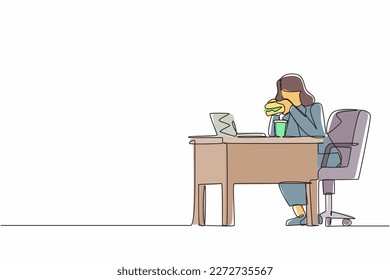 Continuous one line drawing fat obese woman using laptop eating burger fast food unhealthy lifestyle concept overweight girl freelancer sitting at workplace full length. Single line draw design vector