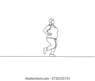 Dibujo continuo de una línea de mujer gorda corriendo. Ilustración de dibujo de una línea de mujer con sobrepeso corriendo. Dieta, motivación, concepto de confianza línea única. Esquema editable 