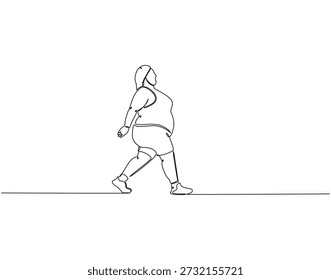 Dibujo continuo de una línea de mujer gorda corriendo. Ilustración de dibujo de una línea de mujer con sobrepeso corriendo. Dieta, motivación, concepto de confianza línea única. Esquema editable 