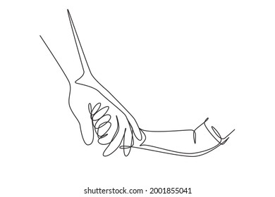 Continuous one line drawing father holds hand of small child. Childhood with family. Daughter have bonding with her father. Hero father and family pride. Single line design vector graphic illustration