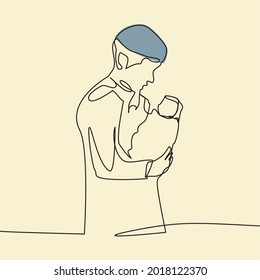 Continuous one line drawing of a father and children lovely Moslem family concept Father's Day card happiness moment. Vector ilustration.