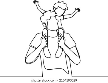 Continuous one line drawing of father with his child on back. Father is superhero. Happy father's day. Single line draw design vector graphic illustration.