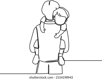 Continuous one line drawing of Father holding little boy in his arms. Father is superhero. Happy father's day. Single line draw design vector graphic illustration.