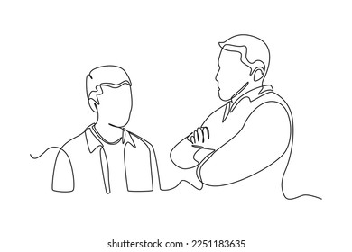 Continuous one line drawing a father gives advice to his son. Rising teens concept. Single line draw design vector graphic illustration.