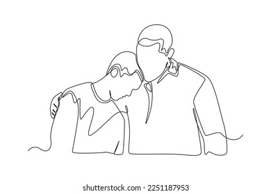 Continuous one line drawing father holds young son to his chest. Rising teens concept. Single line draw design vector graphic illustration.