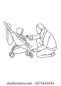 Continuous one line drawing of father with baby. Vector illustration.