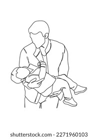 Continuous one line drawing of father with baby. Vector illustration.