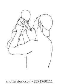 Continuous one line drawing of father with baby. Vector illustration.