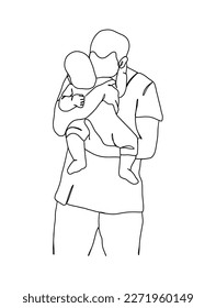 Continuous one line drawing of father with baby. Vector illustration.