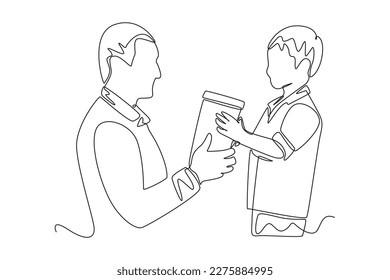 Continuous one line drawing father gives gift box to son. Happy Children's Day concept. Single line draw design vector graphic illustration.