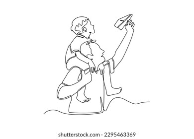 Continuous one line drawing of father playing paper airplane with his son. Happy father's day concept. Single line draw design vector graphic illustration.