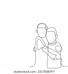 Continuous one line drawing of father and son are hugging. Happy father's day and parent day. Single line draw design vector graphic illustration.