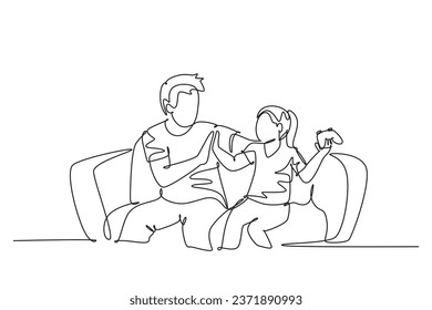 Continuous one line drawing father and daughter sitting on couch playing console video game together, giving high five gesture. Parenting concept. Single line draw design vector graphic illustration