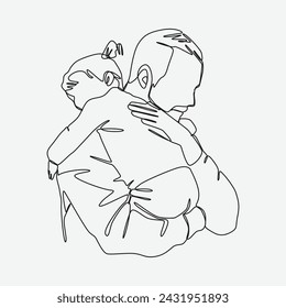 Continuous one line drawing of a father holding his sleeping daughter. Family, Father Day concept. Editable stroke, Isolated background vector illustration.