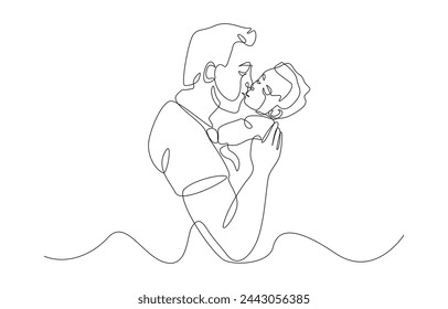 Dibujo continuo de una línea de padre sosteniendo y besando al niño, concepto de padre e hijo, arte de una sola línea.