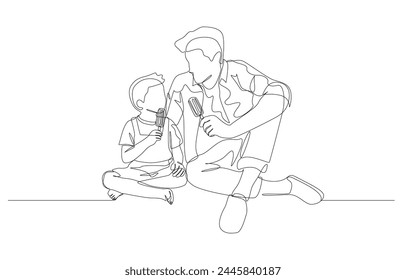 Continuous one line drawing of father and son sitting and eating ice cream together, fahter and son concept, single line art.