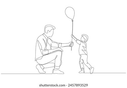 Dibujo continuo de una línea del padre dando globo a su hijo, concepto de crianza, arte de una sola línea.