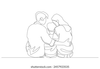 Continuous one line drawing of father and mother sitting and hugging son from rear view, parenting and family concept single line art.