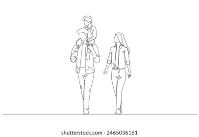 Continuous one line drawing of father walking with mother while lifting his son on shoulder, happy family concept, single line art.