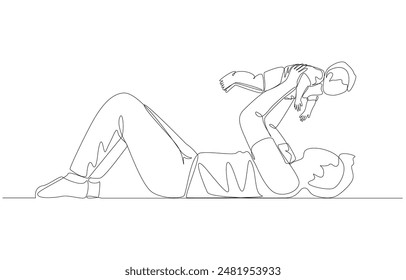 Continuous one line drawing of father lifting his child on bed, happy parenting concept, single line art.