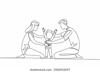 Continuous one line drawing father and mother kneeling hug their beloved son. Skipping the child's first steps. Feeling guilty. Forgive Mom and Dad Day. Single line draw design vector illustration