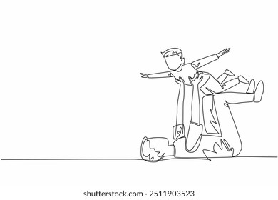 Continuous one line drawing father lying on floor lifting son. Playing like an airplane. Responsible for taking care of child. National Single Parent Day. Single line draw design vector illustration