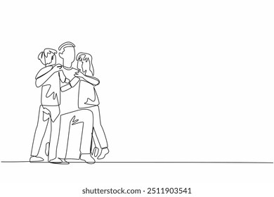 Continuous one line drawing father knelt down to hug his daughter and son. Play and have fun together. Pleasant. Parenting. National Single Parent Day. Single line draw design vector illustration