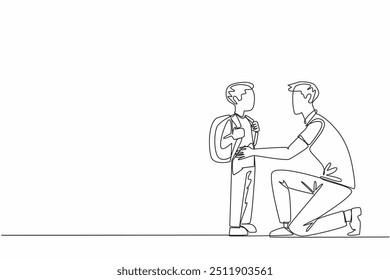 Continuous one line drawing father crouches hold son who is going to school. Advise. Give positive input to continue doing good. National Single Parent Day. Single line draw design vector illustration