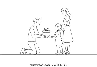 Continuous one line drawing of father and mother giving present to daughter, children's birthday concept, single line art.