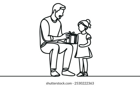 Continuous one line drawing of father giving gift to daughter, children birthday party concept, one line drawing