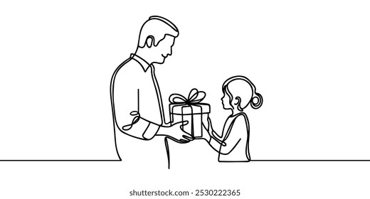 Dibujo continuo de una línea del padre que da el regalo a la hija, concepto de la fiesta de cumpleaños de los niños, dibujo de una línea