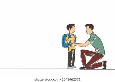 Continuous one line drawing father crouches hold son who is going to school. Advise. Give positive input to continue doing good. National Single Parent Day. Single line draw design vector illustration