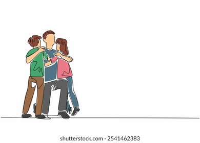 Continuous one line drawing father knelt down to hug his daughter and son. Play and have fun together. Pleasant. Parenting. National Single Parent Day. Single line draw design vector illustration