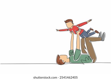 Continuous one line drawing father lying on floor lifting son. Playing like an airplane. Responsible for taking care of child. National Single Parent Day. Single line draw design vector illustration