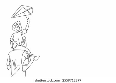 Continuous one line drawing a father carrying his son playing a kite on his shoulder. A memorable holiday. Strengthening the bond. Go Fly a Kite Day. Single line draw design vector illustration