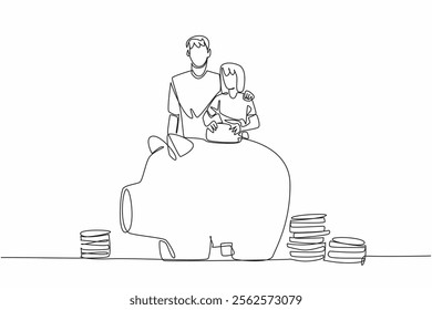 Continuous one line drawing father embracing daughter who is putting coins into a large piggy bank. Saving for future. National Teach Children to Save Day. Single line draw design vector illustration