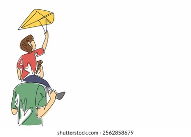 Continuous one line drawing a father carrying his son playing a kite on his shoulder. A memorable holiday. Strengthening the bond. Go Fly a Kite Day. Single line draw design vector illustration