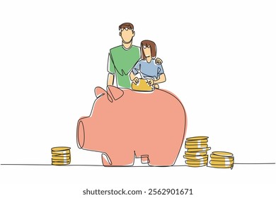 Continuous one line drawing father embracing daughter who is putting coins into a large piggy bank. Saving for future. National Teach Children to Save Day. Single line draw design vector illustration