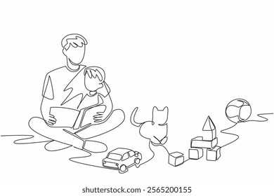 Continuous one line drawing father is sitting on the floor holding his son while reading him a book. Reading science. Education. National Pet Parents Day. Single line draw design vector illustration