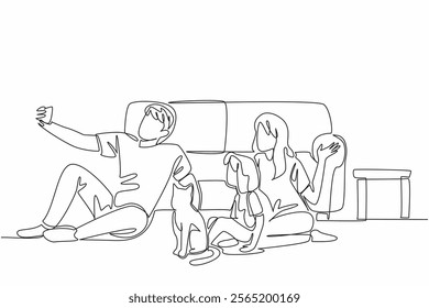 Continuous one line drawing father mother and a daughter sitting on floor with a cat having a fun wefie. Warmth of family. Love. National Pet Parents Day. Single line draw design vector illustration