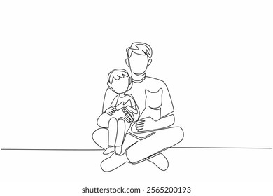 Continuous one line drawing a father sits on the floor hugging his son and a cat. The feeling of having fun joking together. Cute. National Pet Parents Day. Single line draw design vector illustration