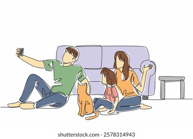 Continuous one line drawing father mother and a daughter sitting on floor with a cat having a fun wefie. Warmth of family. Love. National Pet Parents Day. Single line draw design vector illustration