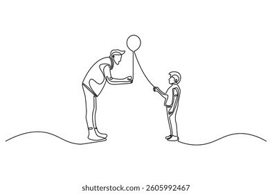 Continuous one line drawing of Father giving balloon. Single line drawing illustration of Father giving balloon for his boy. Happy family concept vector art. Doodle line illustration.