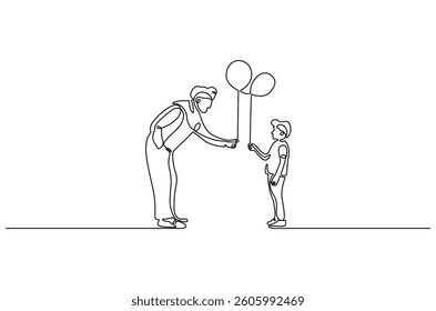 Continuous one line drawing of Father giving balloon. Single line drawing illustration of Father giving balloon for his boy. Happy family concept vector art. Doodle line illustration.