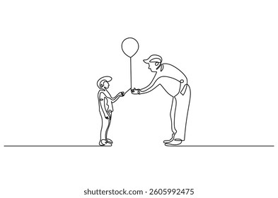 Continuous one line drawing of Father giving balloon. Single line drawing illustration of Father giving balloon for his boy. Happy family concept vector art. Doodle line illustration.