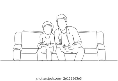 Continuous one line drawing of father playing video games with son, bonding through gaming concept, single line art