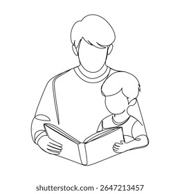 Continuous one line drawing of a father reading a bedtime story to his son. Vector illustration